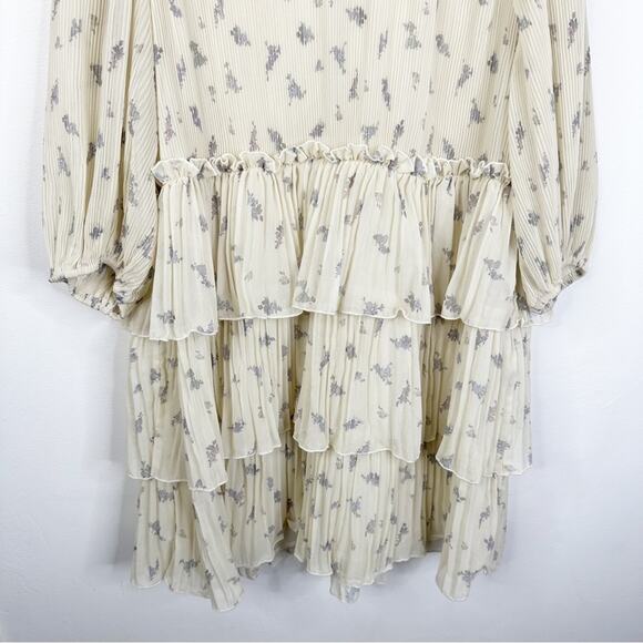 GANNI Size 40/ US Large Floral Print Pleated Georgette Babydoll Mini Dress - Picture 12 of 14